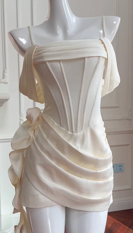 preppydressess -Beige fishbone suspenders sweet simple short satin homecoming dress birthday party dress Prom dress simple gentle atmospheric and unique desi Bring summer colors to enhance whiteness ﻿