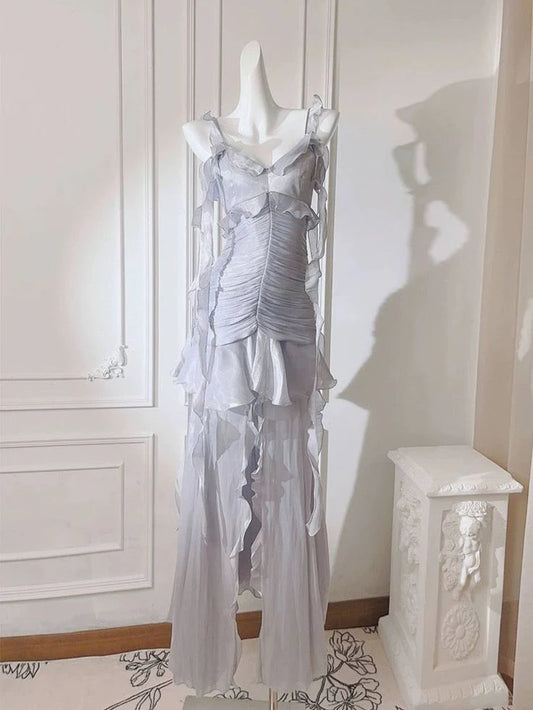 ruffle long chiffon ball gown evening dress birthday party dress simple gentle atmospheric and unique desi Bring summer colors to enhance whiteness