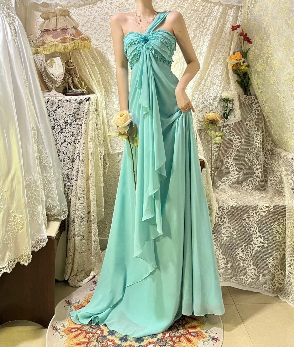 vintage fashion one shoulder floral long chiffon prom dress simple gentle atmospheric and unique desi Bring summer colors to enhance whiteness