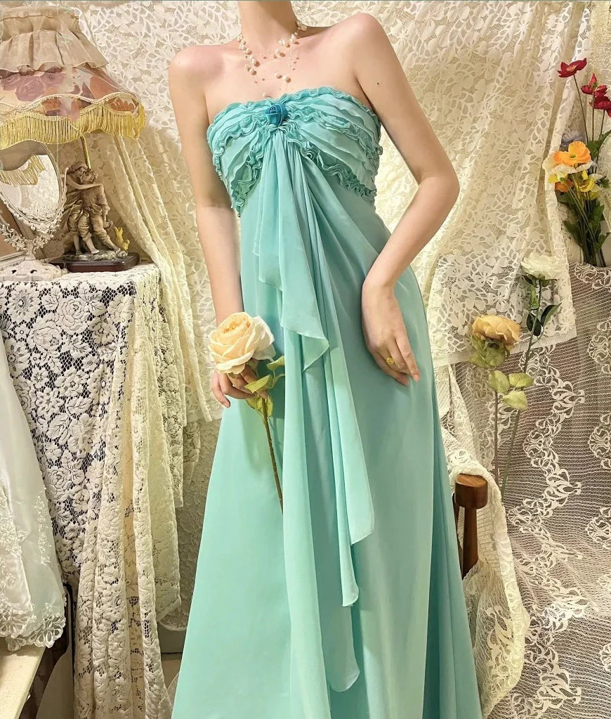 vintage fashion one shoulder floral long chiffon prom dress simple gentle atmospheric and unique desi Bring summer colors to enhance whiteness